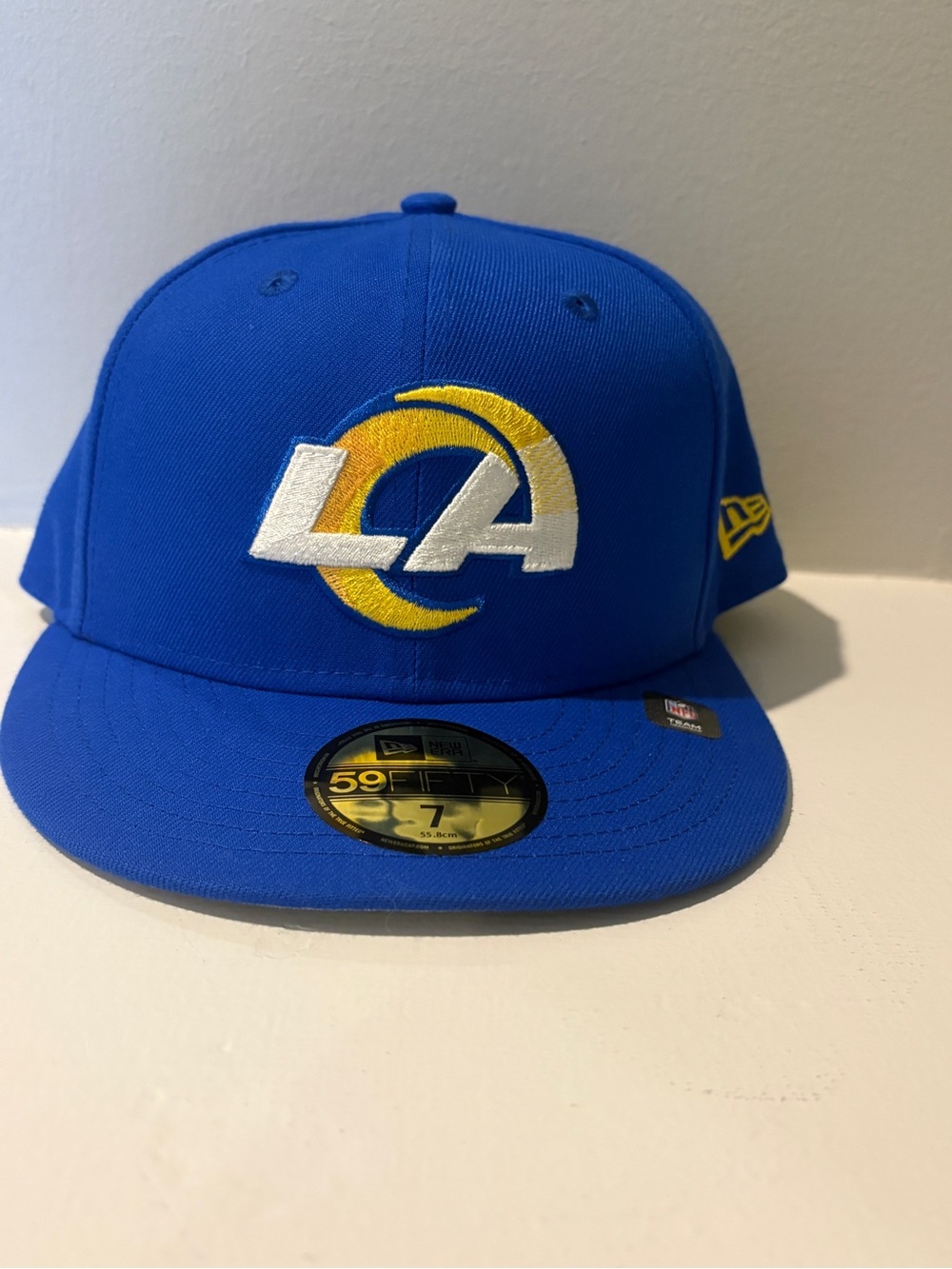 New Era Blue LA Logo Fitted Hat with White and Gold Embroidery